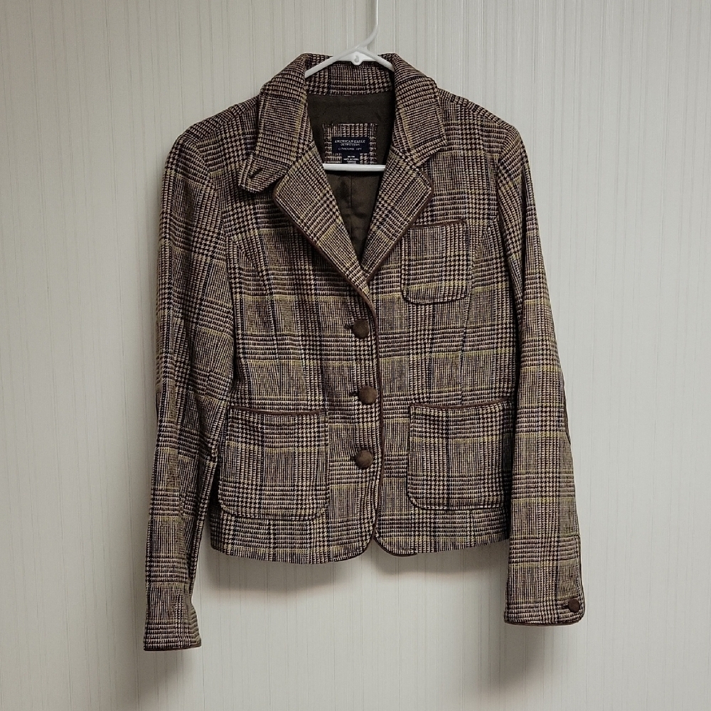 American Eagle Y2K Academia Brown Houndstooth Blazer, Elbow Patches. Med